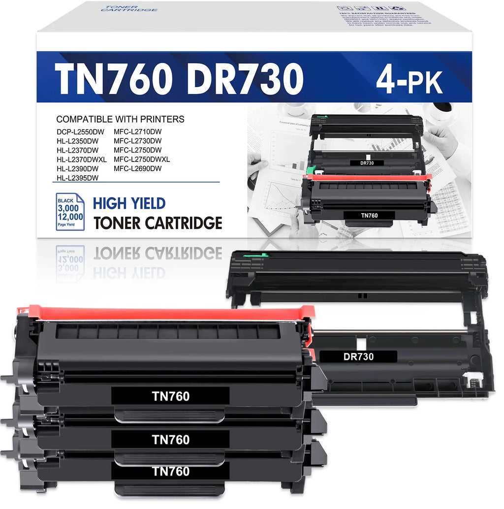 TN-760 Toner Cartridge and DR-730 Drum Unit Set appropriate for Brother DCP-L2550DW HL-L2350DW MFC-L2710DW MFC-L2690DW Printer (3x TN760 Toner, 1x DR730 Drum Unit )