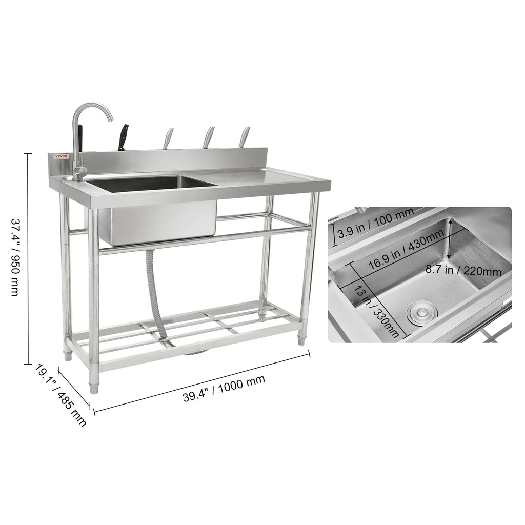 BENTISM Stainless Steel Utility Sink Single Bowl w/Workbench 39.4 x 19.1 x 37.4 in