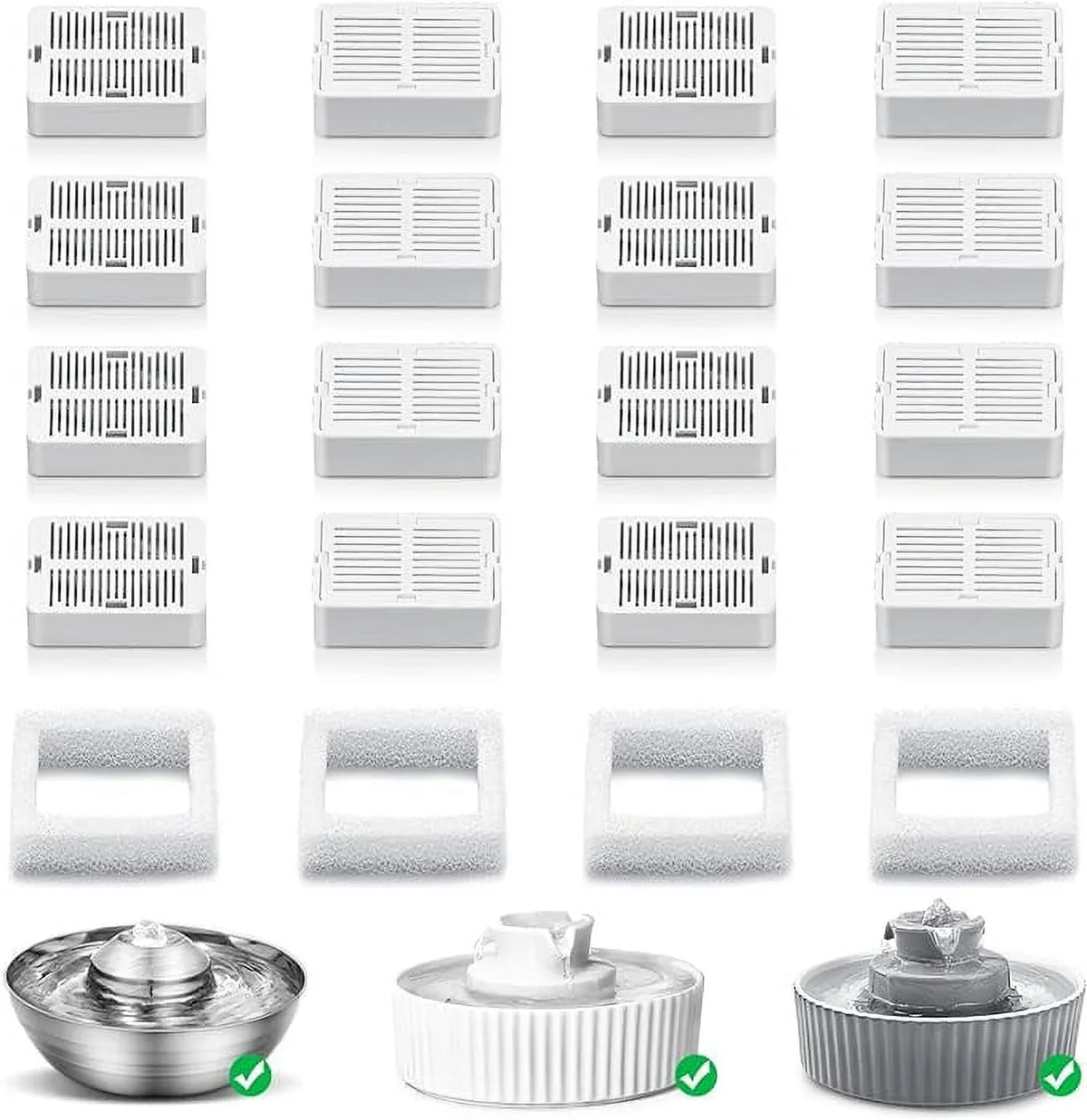 NautyPaws Cat Fountain Replacement Filters, 16 Carbon Filters with 4 Foam Filters, suitable with Ceramic Cupcake and Wave Cat Fountain and 67oz/2L Stainless Steel Cat liquid Fountain(20PACK)