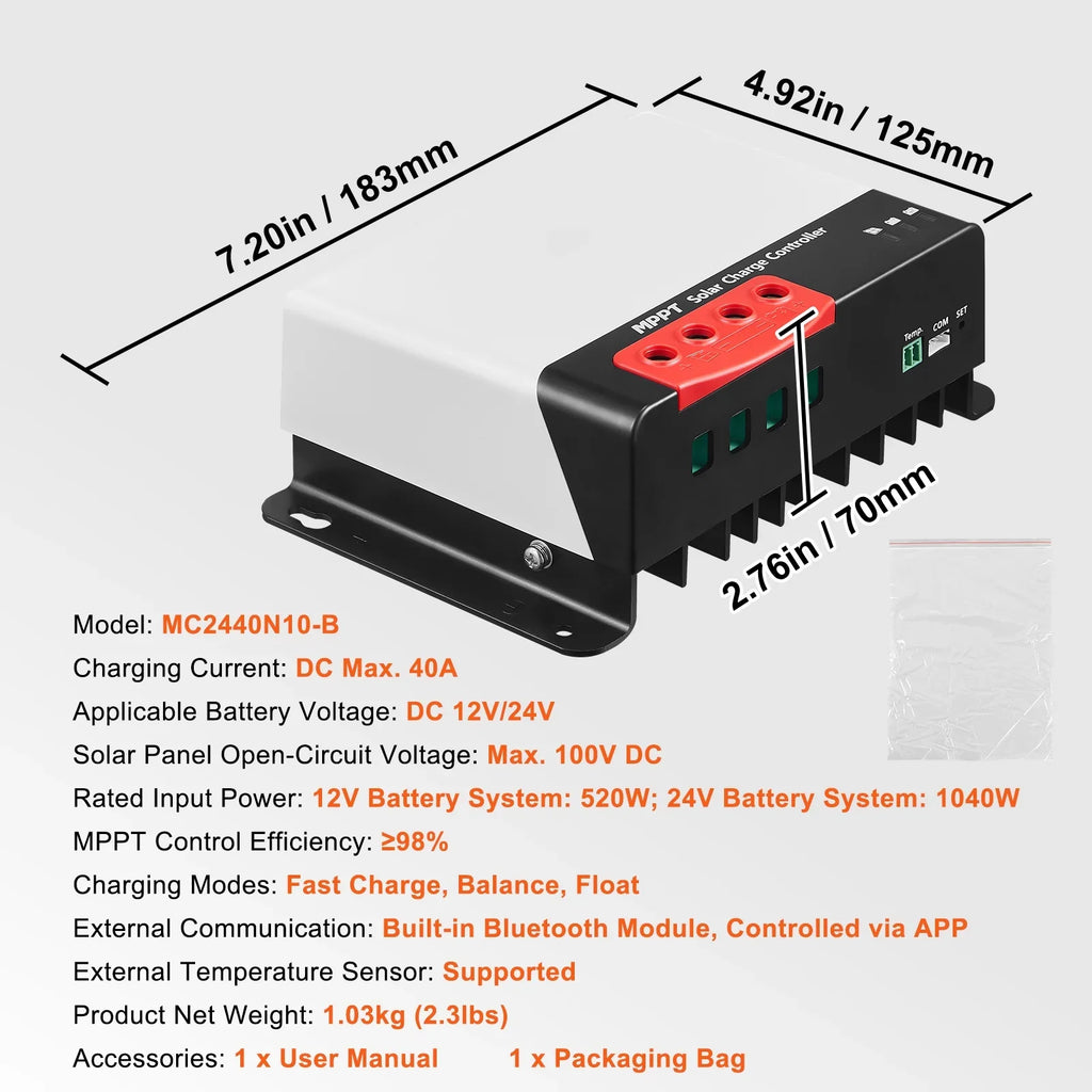 SKYSHALO MPPT Solar Charge Controller 40 Amp 12V/24V Car Solar Panel Controller