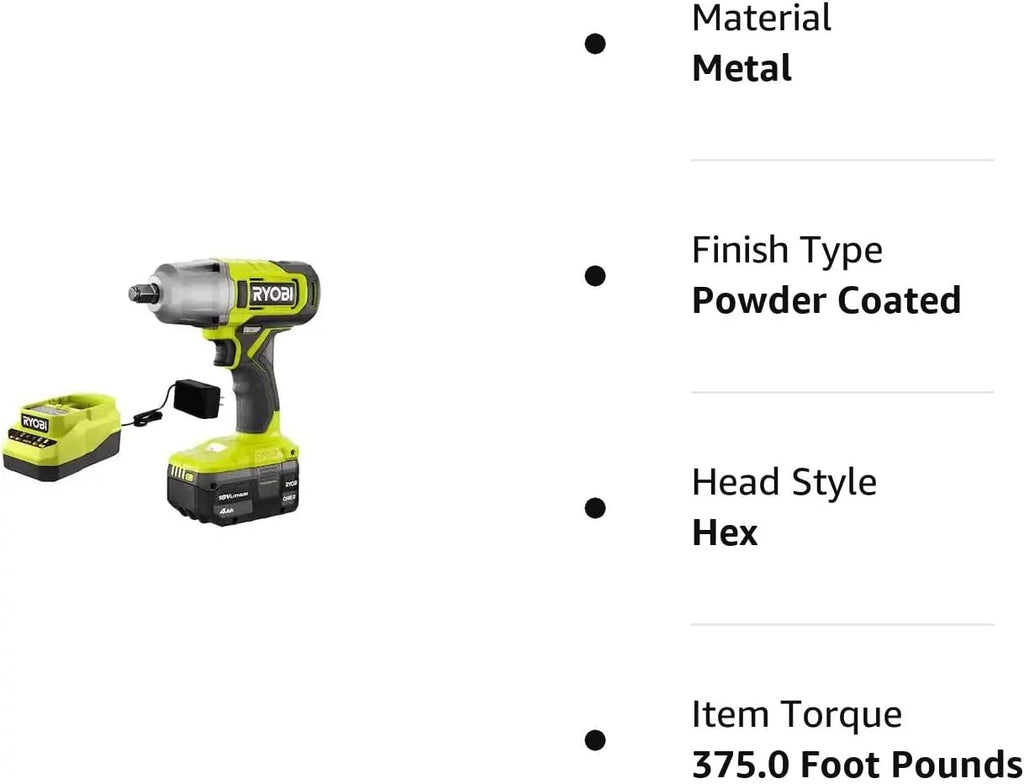 Impact Wrench Kit with 4.0 Ah Battery and Charger. RYOBI ONE+ 18V Cordless 1/2 in