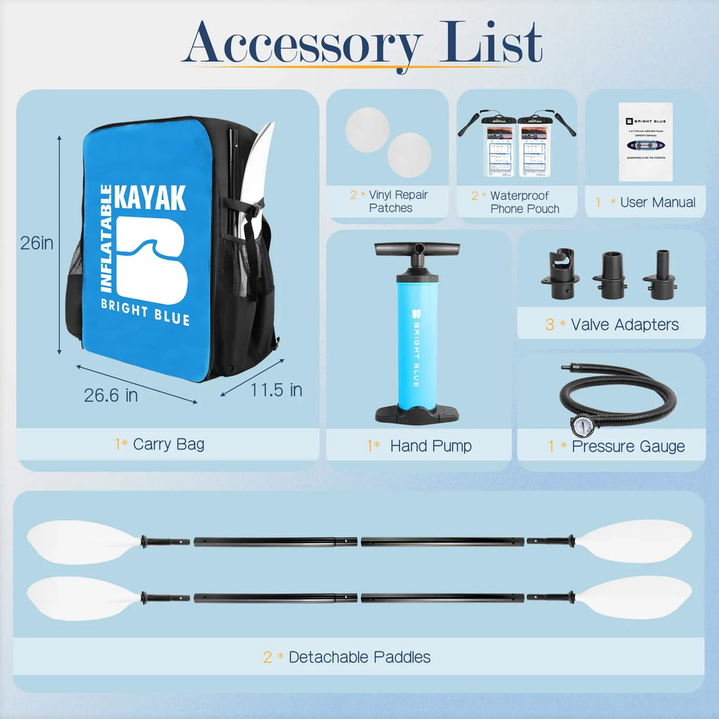BRIGHT BLUE Inflatable Touring White aqua Paddling Kayak 1-2 Persons sit-on with Paddles,Hand Pump,Backpack,Fins