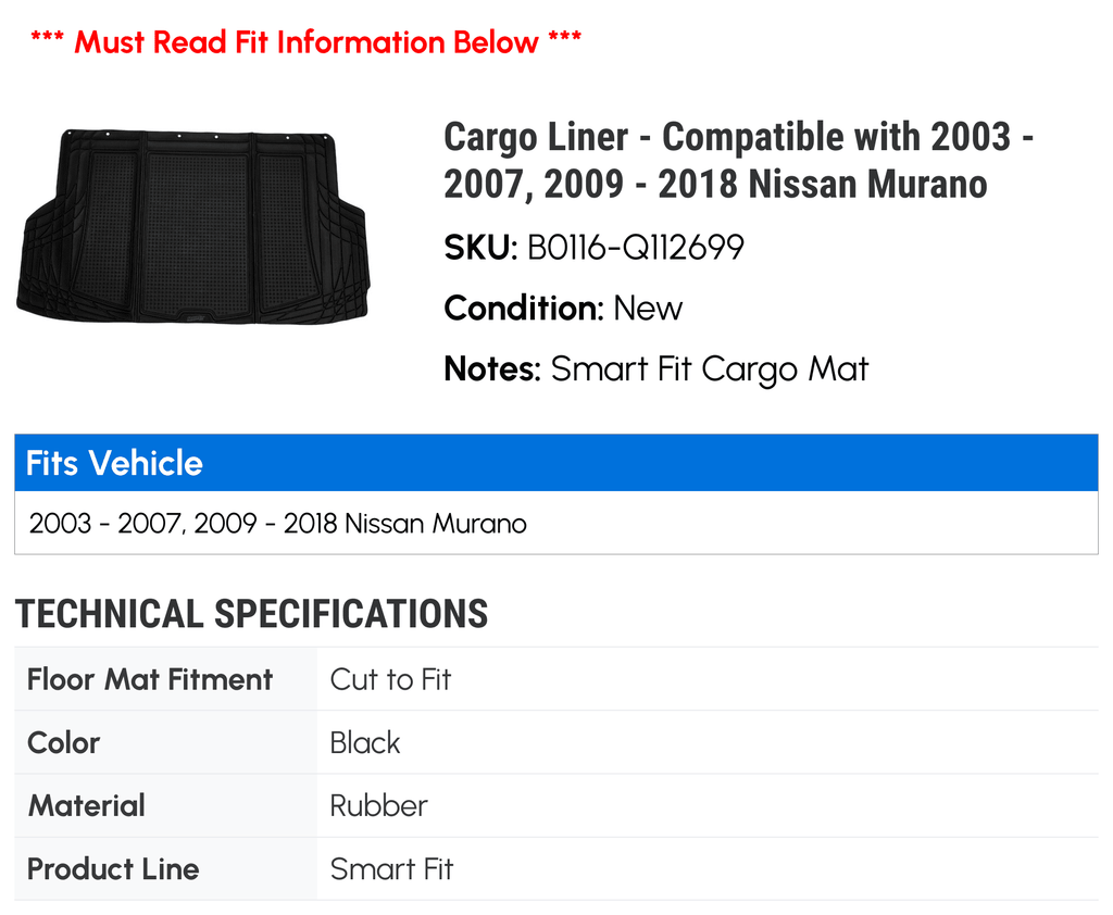 Cargo Liner - appropriate with 2003 - 2007, 2009 - 2018 Nissan Murano 2004 2005 2006 2010 2011 2012 2013 2014 2015 2016 2017