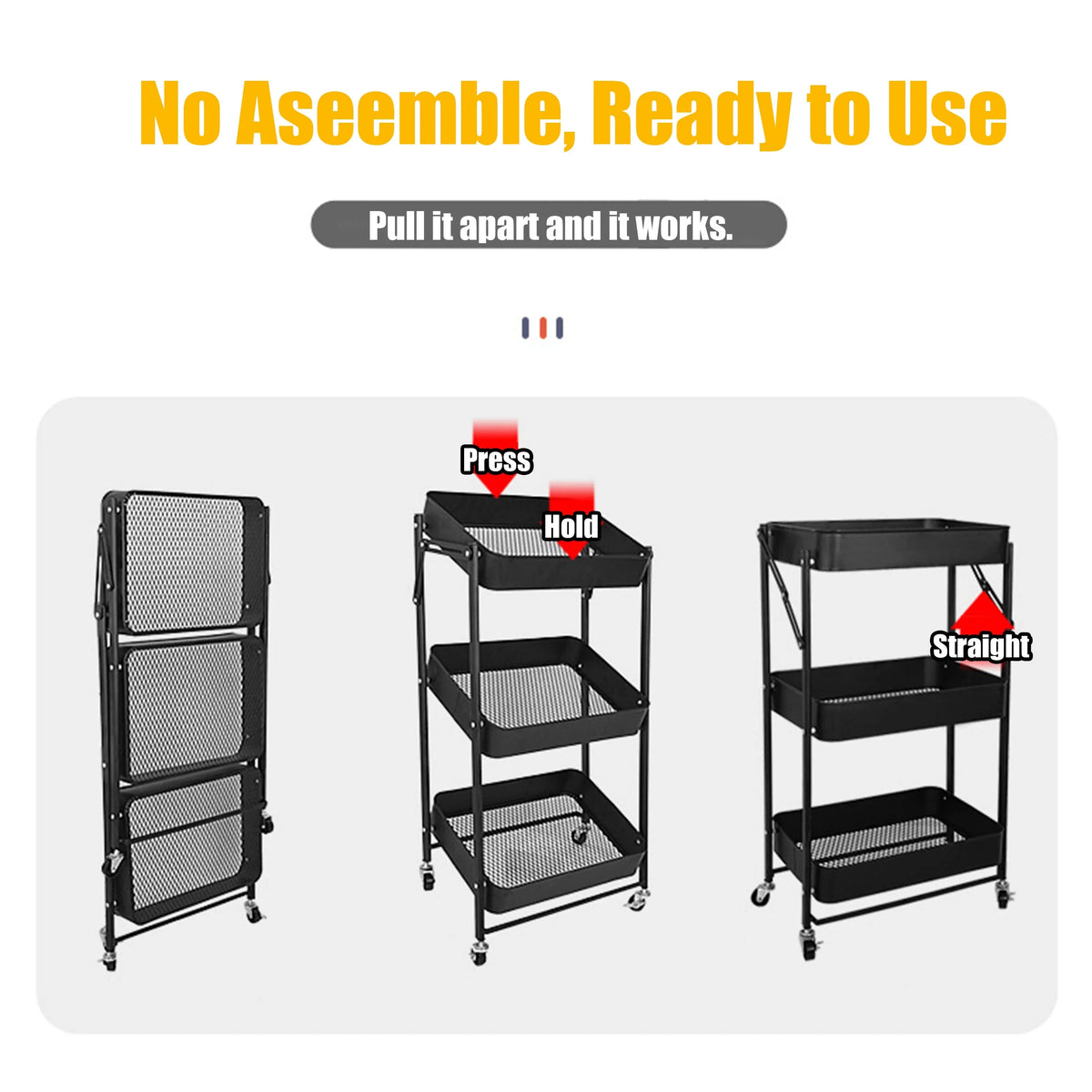 Utility Cart 3 Tier Rolling Cart With Wheels, Craft Storage Foldable Metal Utility Rolling Cart Shelves Folding Mobile Multi-Function Storage Organizer Cart for Home Library Office