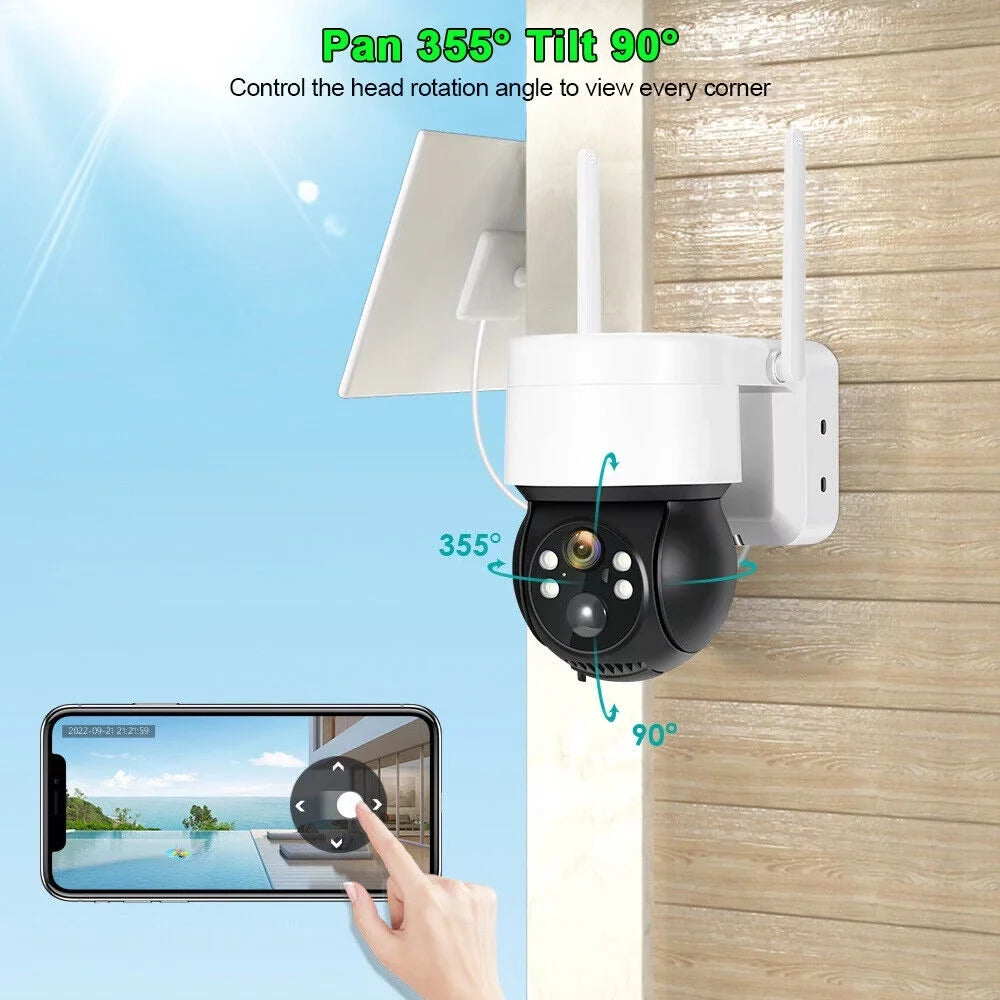 Solar Security Cameras Wireless Outdoor, 2K WiFi 360 PTZ Camera, Solar Powered Security Cameras with Spotlight & Siren, PIR Motion Detection, Color Night Vision, 2 Way Audio, 15000mAh Battery, Beisu