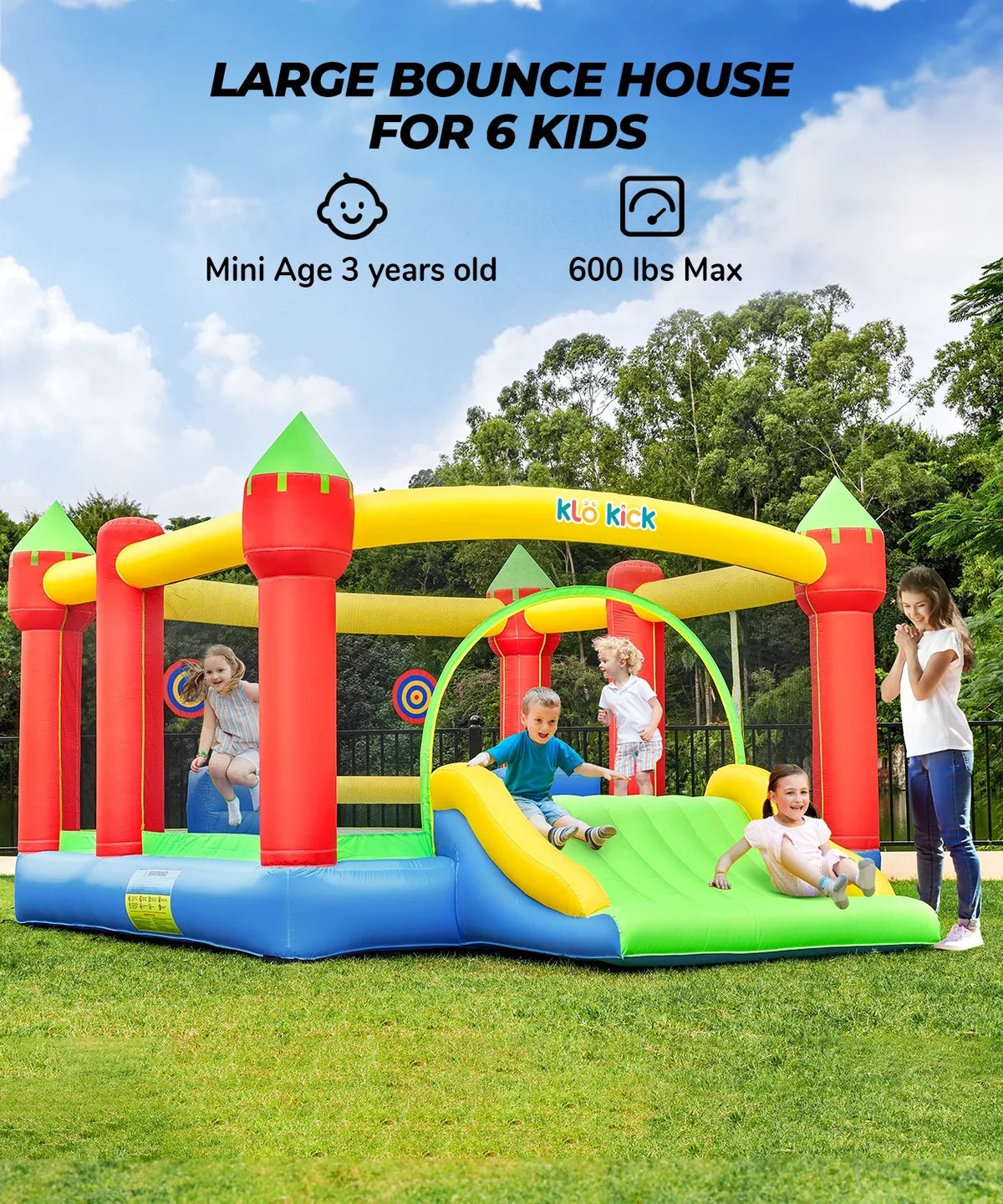 KLOKICK 15'x 12' Large Bounce House 840D Oxford Inflatable Bouncers for 6 Kids with Blower & Slide for 3-10 Years, Child, Adult, Infant, Teen, Tween