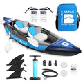 BRIGHT BLUE Inflatable Touring White aqua Paddling Kayak 1-2 Persons sit-on with Paddles,Hand Pump,Backpack,Fins