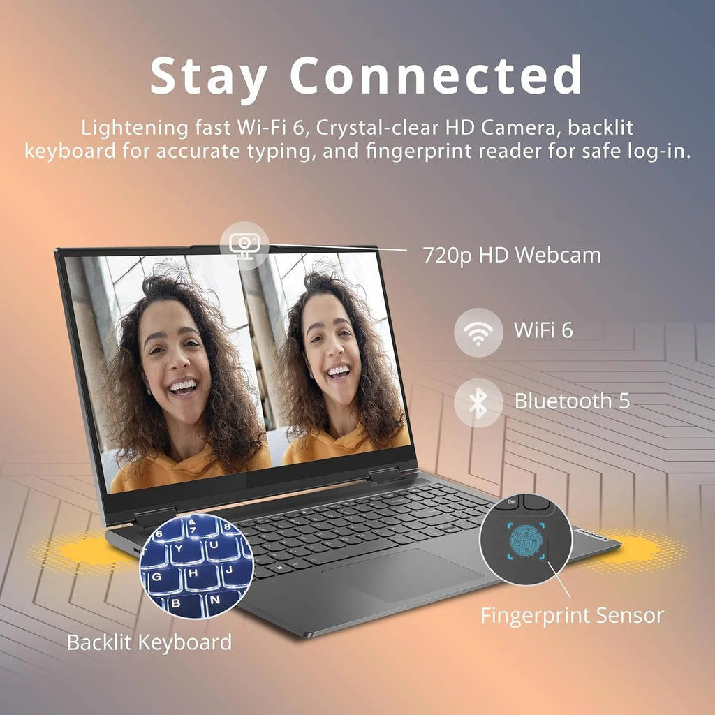 Yoga 7i Touchscreen Laptop, 2-in-1 360° 16" WUXGA Laptop,  Core-i5 1335U, 8GB RAM, 512GB PCIe SSD, Backlit Keyboard, Fingerprint Reader, Win 11, Gray, with 32GB Snowbell USB Card