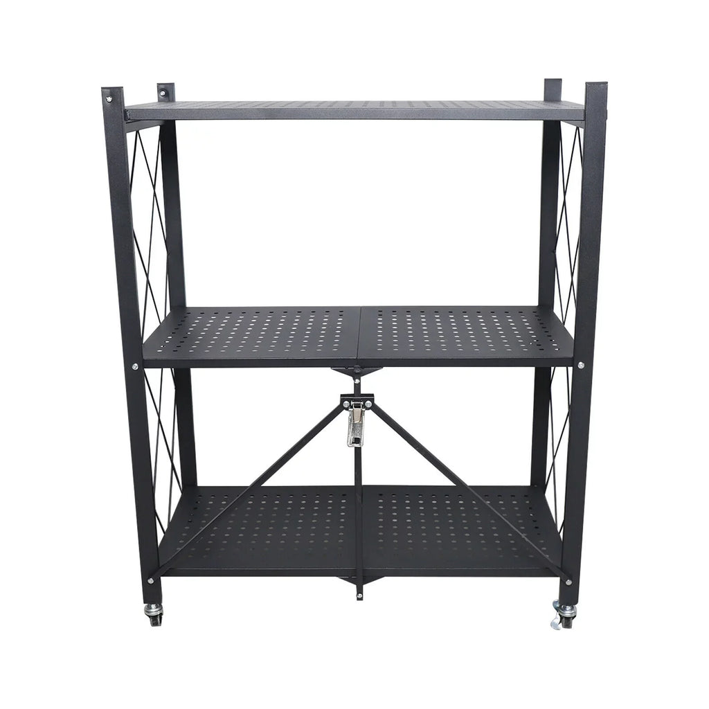 Storage 3 Tier Wide Folding Metal Shelf ,Rolling Trolley Utility Cart Black