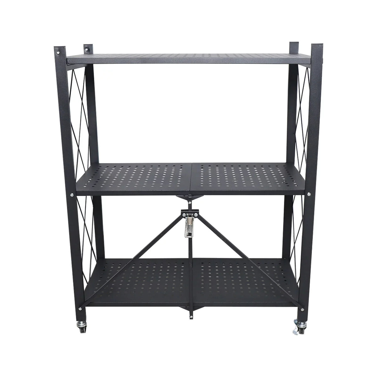 Storage 3 Tier Wide Folding Metal Shelf ,Rolling Trolley Utility Cart Black