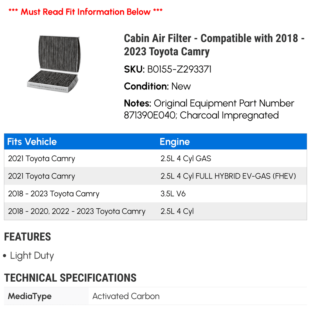 Cabin Air Filter - matching with 2018 - 2023  Camry 2019 2020 2021 2022