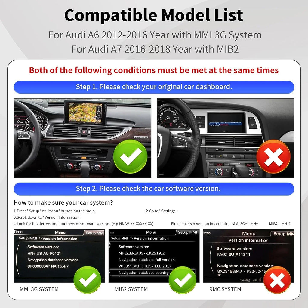 Road Top Wireless Carplay Retrofit Kit Decoder for Audi A6 2010-2016 Year with MMI 3G System, fit for Audi A7 2016-2018 Year with MIB2, Support Android Auto, Mirrorlink, Reverse Camera
