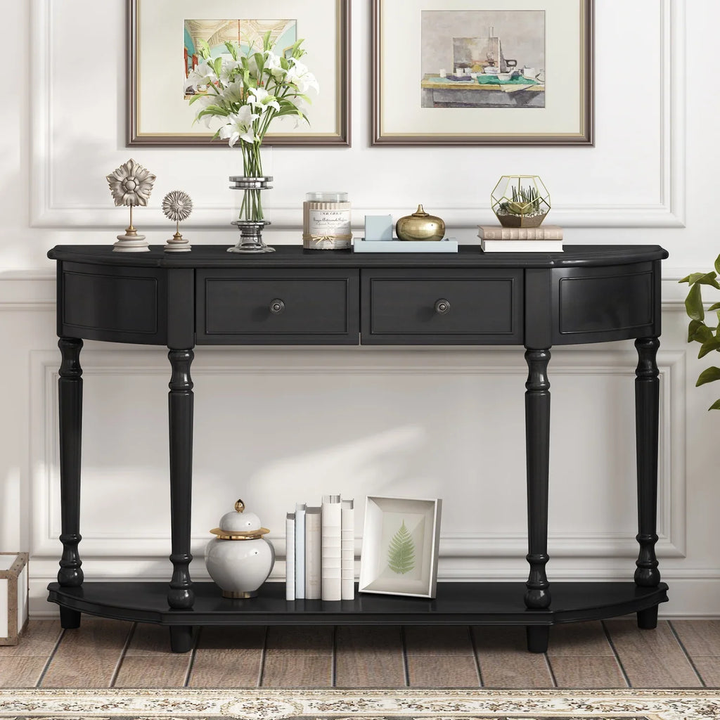 TREXM Retro Circular Curved Design Console Table with Open Style Shelf Solid Wooden Frame and Legs Two Top Drawers (Cherry + Antique Blue  OLD SKU  WF298768AAC)
