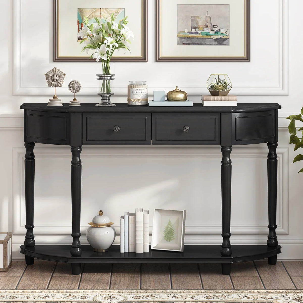 TREXM Retro Circular Curved Design Console Table with Open Style Shelf Solid Wooden Frame and Legs Two Top Drawers (Cherry + Antique Blue  OLD SKU  WF298768AAC)