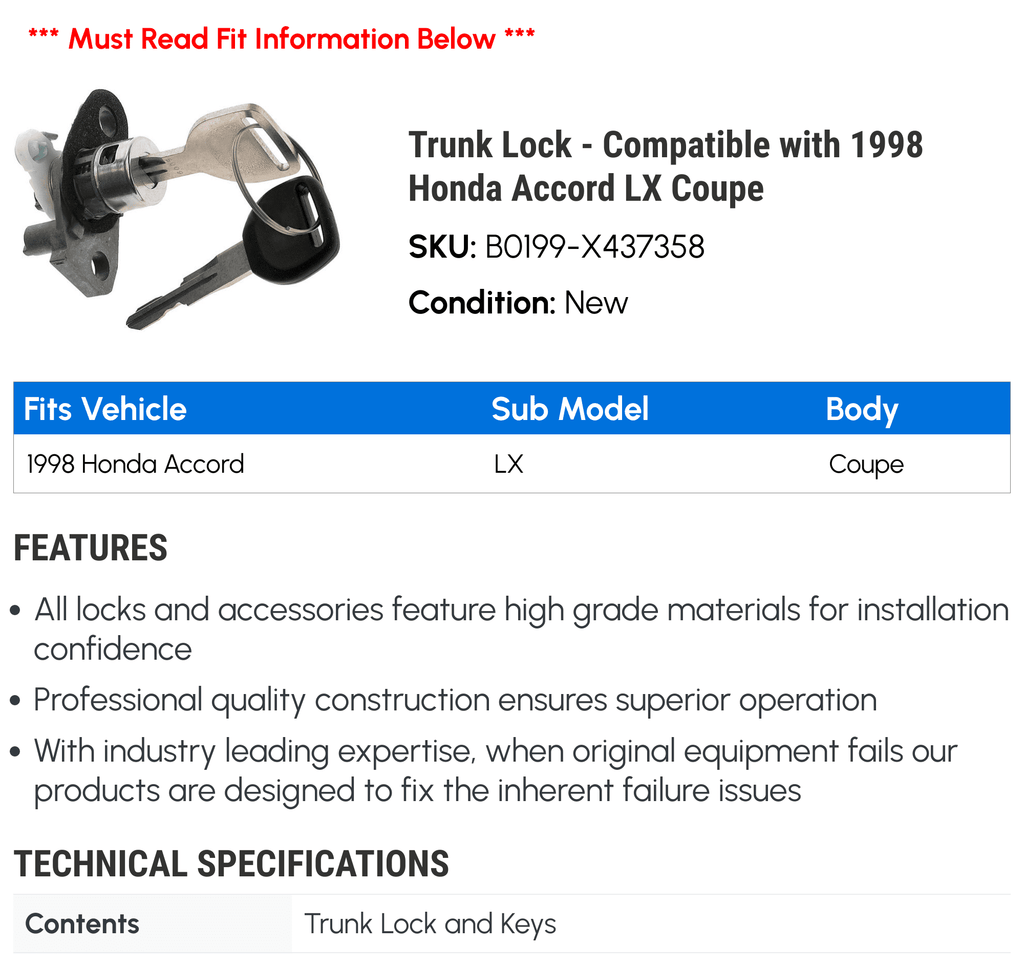 Trunk Lock - matching with 1998 Honda Accord LX Coupe