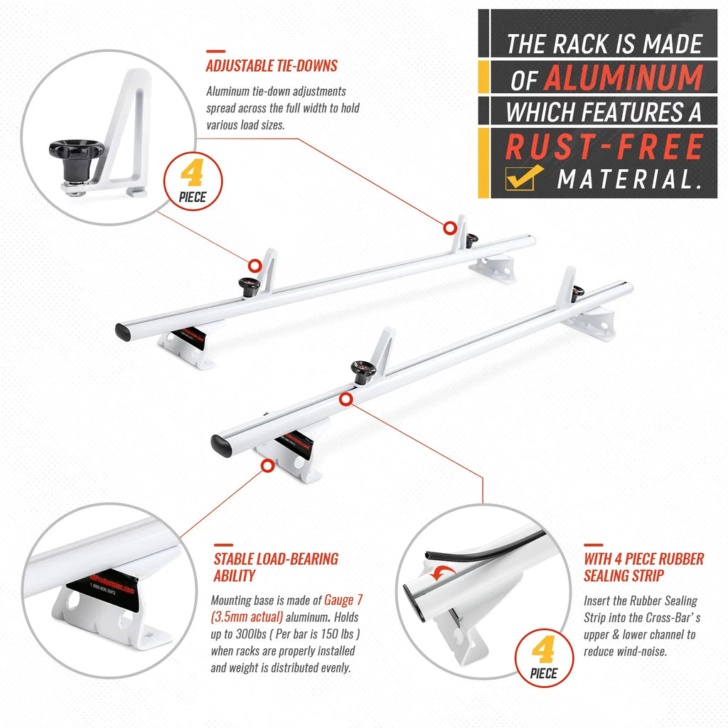 AA-Racks Model AX312-PR RAM ProMaster City 2015-On Aluminum 2 Bar (50") Van Roof Rack System w/ Ladder Stopper White