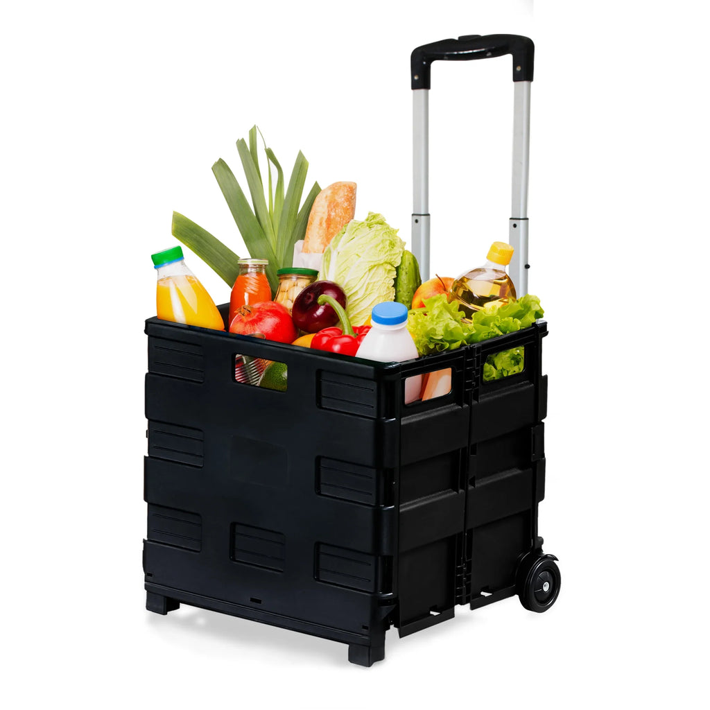 Ultra-Slim Rolling Collapsible Storage Pack-N-Roll Utility-carts, with Telescopic Handle, for Home, Garden, Shopping, Office, School use, Medium, Black