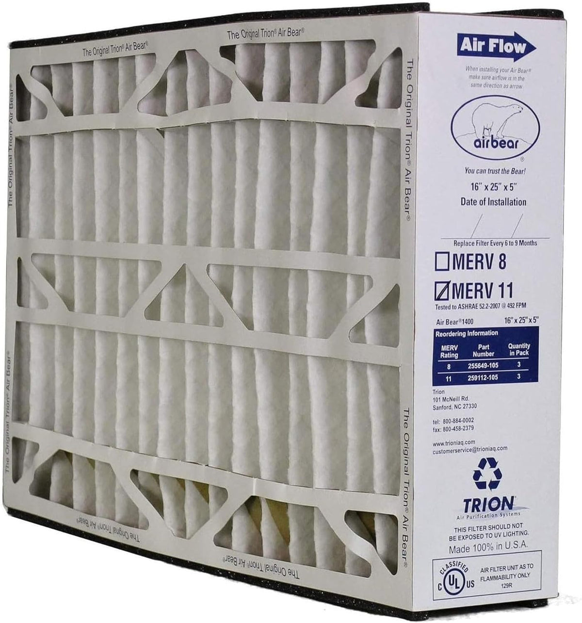 16 x 25 x 5 Inch MERV 11 High Performance Air Purifier Filter Replacement for Air Bear Cleaner Purification Systems, White (3 Pack)