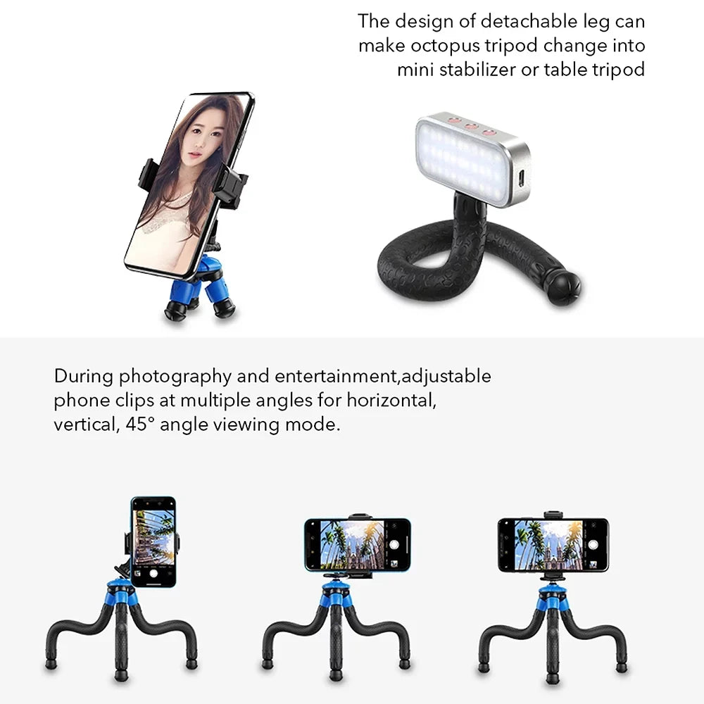 APEXEL APL-JJ07 Detachable Flexible Octopus Tripod Portable Mini Travel Mobile Phone Tripod with Foldable Phone Clip appropriate with GoPro DSLR Camera Max Load 3kg