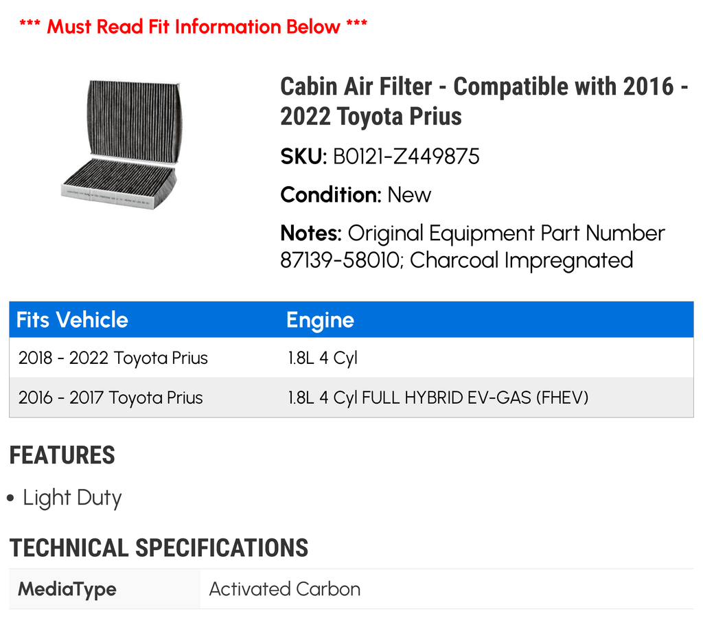 Cabin Air Filter - matching with 2016 - 2022  Prius 2017 2018 2019 2020 2021