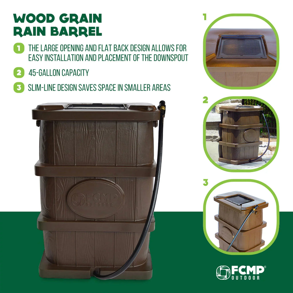 FCMP Outdoor WG4000 45 Gallon Wood Grain Rain moisture Catcher Barrel, Brown