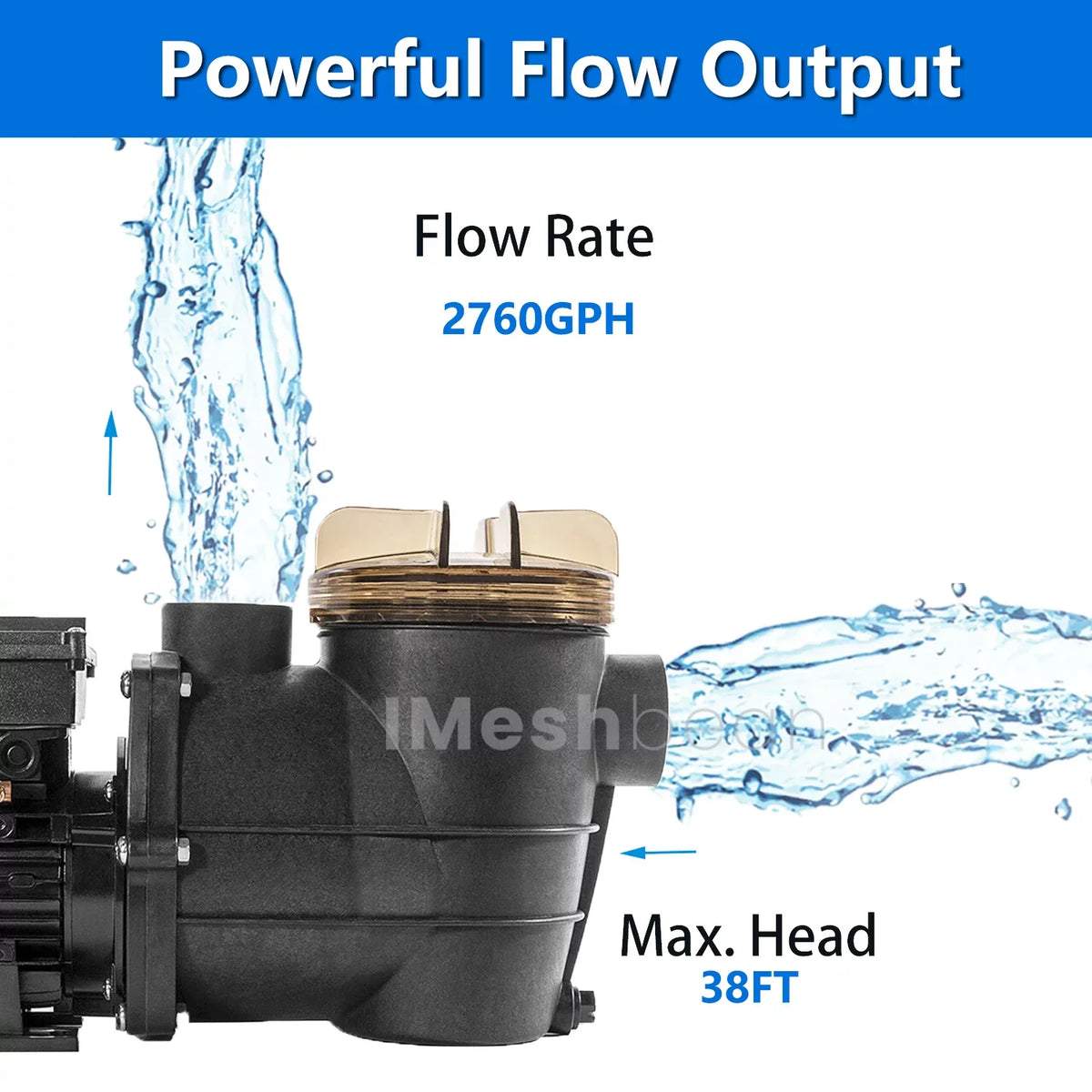 iMeshbean Above Ground Swimming Pool Pump, 3/4HP Motor 110V, 2760GPH, Head Max 38FT, for Above Ground Swimming Pool and Inground Pool aqua Circulation, w/ Strainer Basket