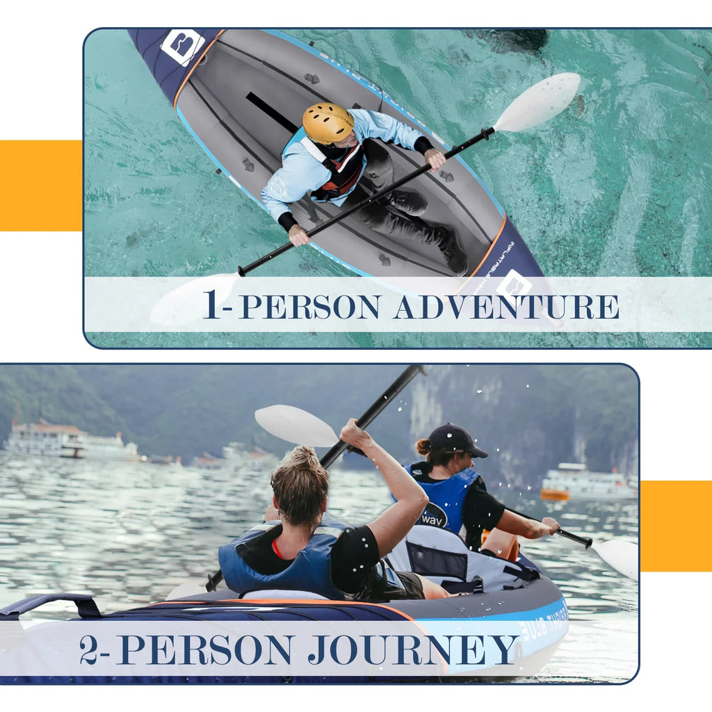 BRIGHT BLUE Inflatable Touring White aqua Paddling Kayak 1-2 Persons sit-on with Paddles,Hand Pump,Backpack,Fins