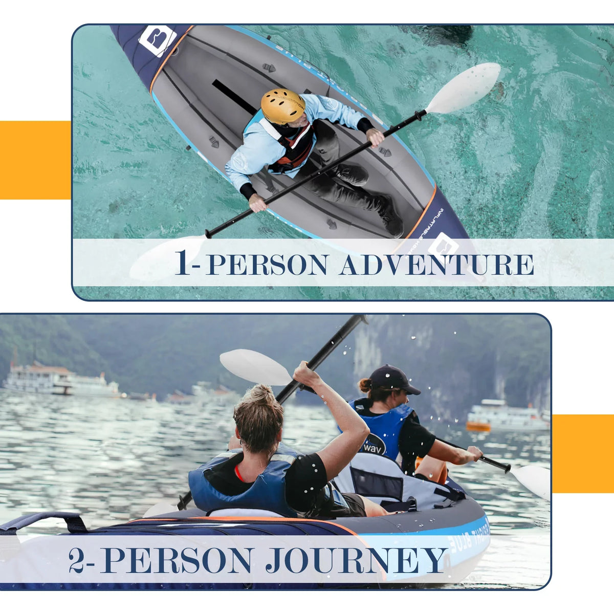 BRIGHT BLUE Inflatable Touring White aqua Paddling Kayak 1-2 Persons sit-on with Paddles,Hand Pump,Backpack,Fins