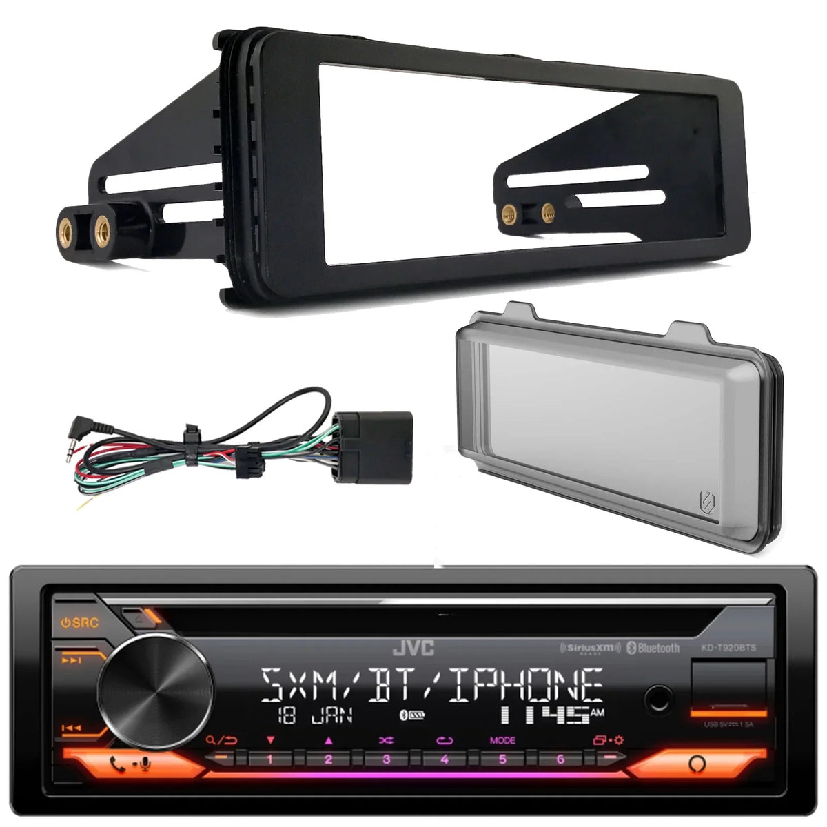 JVC KD-T920BTS Single DIN AM/FM Radio Stereo USB AUX CD Player Bluetooth Car Audio Receiver with Amazon Alexa Built-In Bundle with Harley 98-2013 Radio Install Kit, Weathershield Radio protector