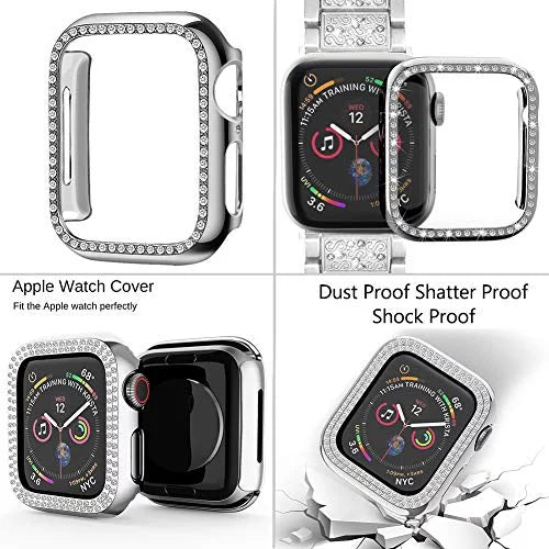 Mosonio suitable with  Watch Band 42mm with Case Women, Jewelry Replacement Metal Wristband Strap with 2 Pack Bling PC Protective shield for iWatch Series 3/2/1(Silver) Silver 42 mm