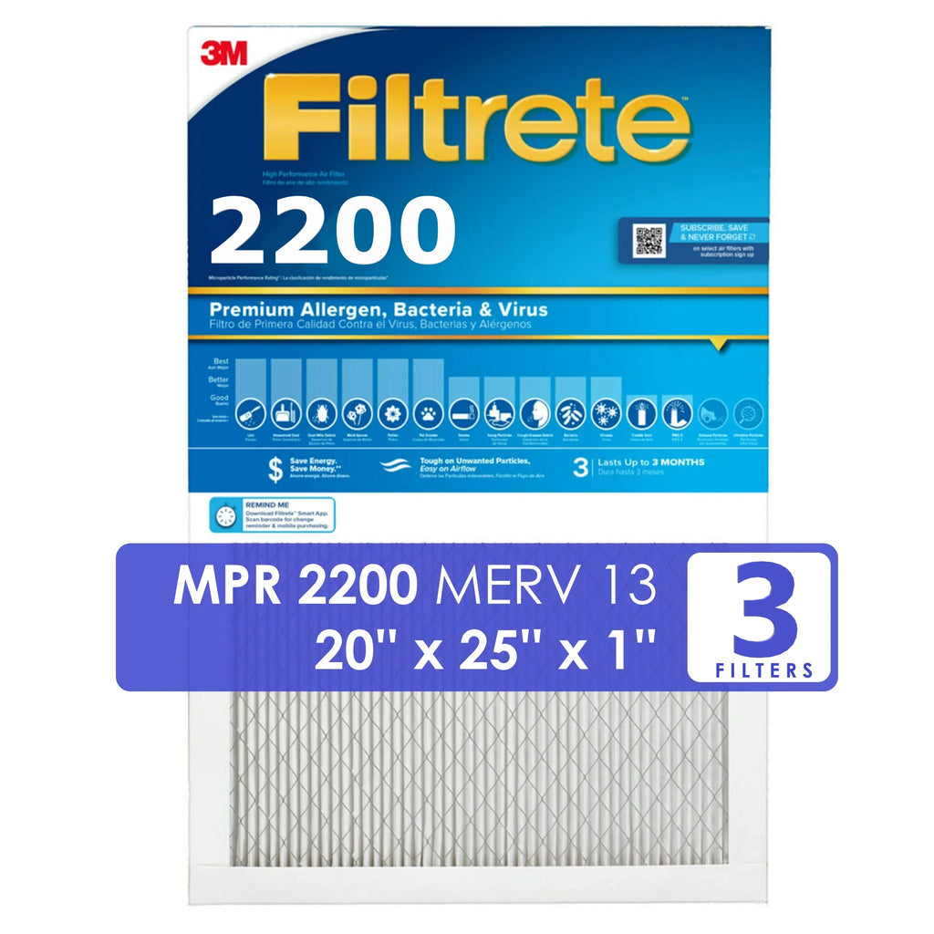 Filtrete 3M Filters (20x25x1) 2200 Series Premium Allergen & Home Pollutants Air Filters - 3 FILTERS - *EN