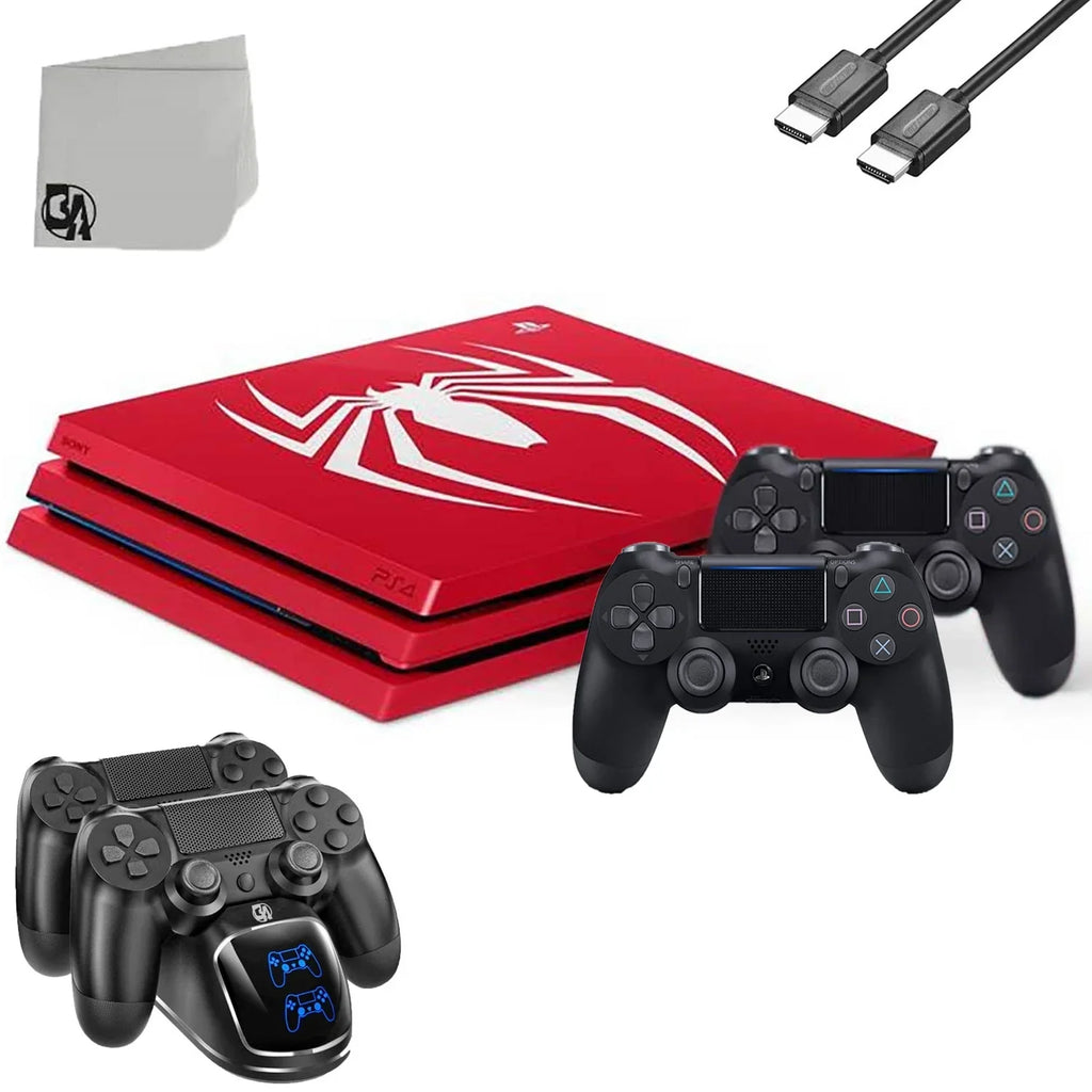 PlayStation 4 Pro 1TB Gaming Console Spider-Man Limited Edition with Charging Dock HDMI Cable 2 Controller Bolt Axtion Like New