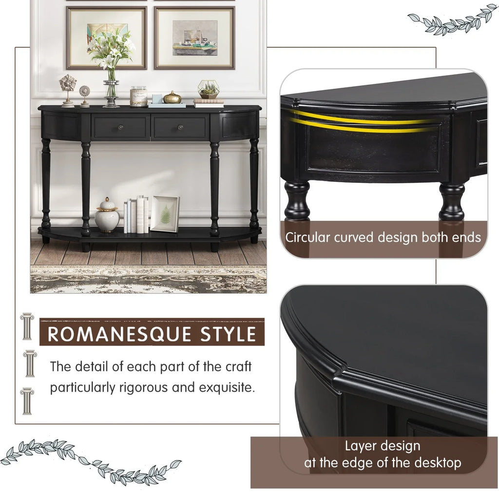 TREXM Retro Circular Curved Design Console Table with Open Style Shelf Solid Wooden Frame and Legs Two Top Drawers (Cherry + Antique Blue  OLD SKU  WF298768AAC)