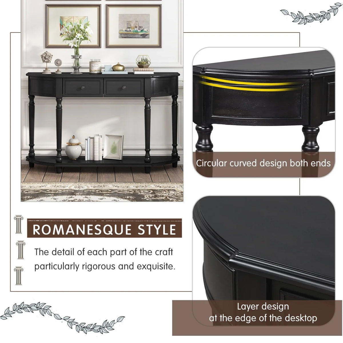 TREXM Retro Circular Curved Design Console Table with Open Style Shelf Solid Wooden Frame and Legs Two Top Drawers (Cherry + Antique Blue  OLD SKU  WF298768AAC)
