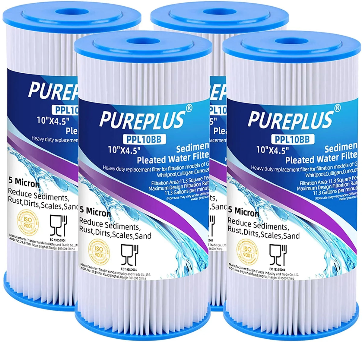 PUREPLUS 10" x 4.5" Whole House Pleated Sediment Filter for Well liquid, Replacement Cartridge for GE FXHSC, Culligan R50-BBSA, Pentek R50-BB, DuPont WFHDC3001, American Plumber W50PEHD, GXWH40L, 4Pack