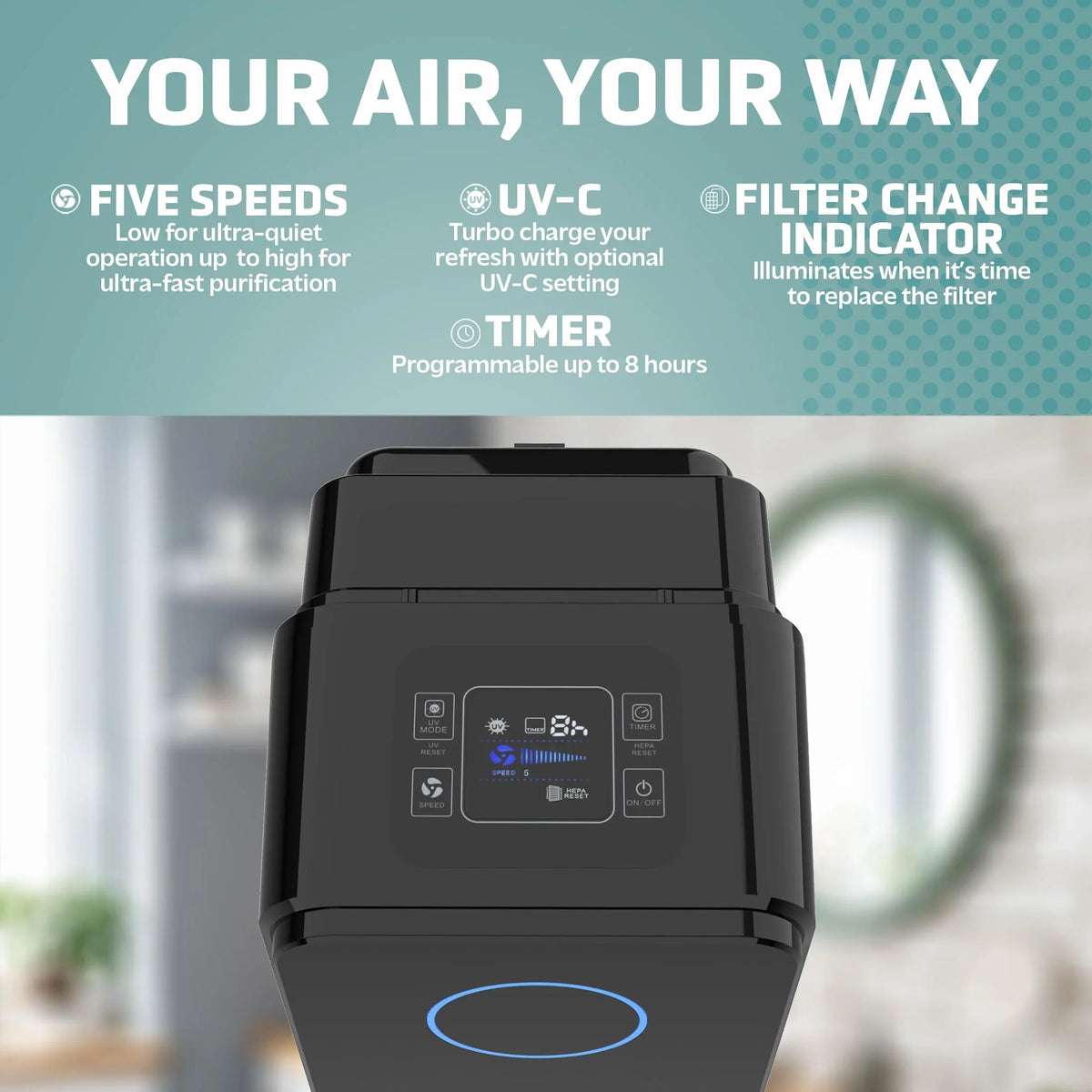 GermGuardian Air Purifier for Home, Large Rooms, H13 HEPA Filter, Removes Dust, Allergens, Smoke, Pollen, Odors, Mold, UV-C Light Helps Reduce Germs, 28 Inch, Black, AC5350B
