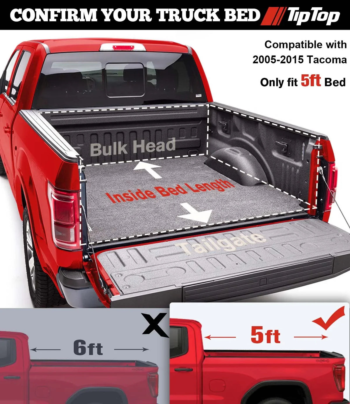 TIPTOP Tri-Fold Hard Tonneau wrap Truck Bed FRP On Top For 2005-2015 Tacoma 5ft Bed (60.3") | TPM3 |For Models With or Without The Deck Rail System|
