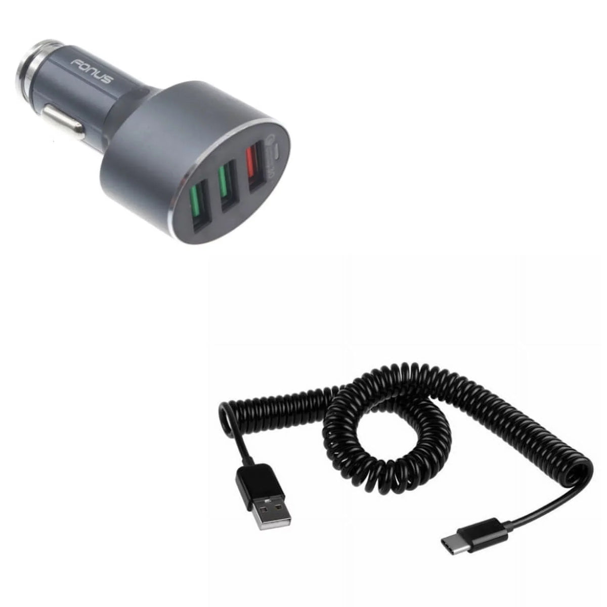 Type-C Coiled USB Cable w 3-Port USB 42W Quick Car Charger Z3R for  Galaxy Note 10 Plus Fold A9 A50 A20 A10e - Sonim XP8 XP3 -  Xperia 5 10 Plus 1 -  Redmi Note 7, Mi Mix 2 9T