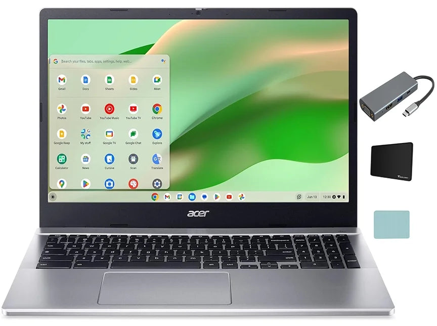 Chromebook 315 Laptop, 15.6" FHD Touchscreen Display,  N100 Quad-core (4 Core), 8GB DDR5 RAM, 64GB eMMC, Wi-Fi, Long Battery Life, Chrome OS, Silver + Tigology Accessories