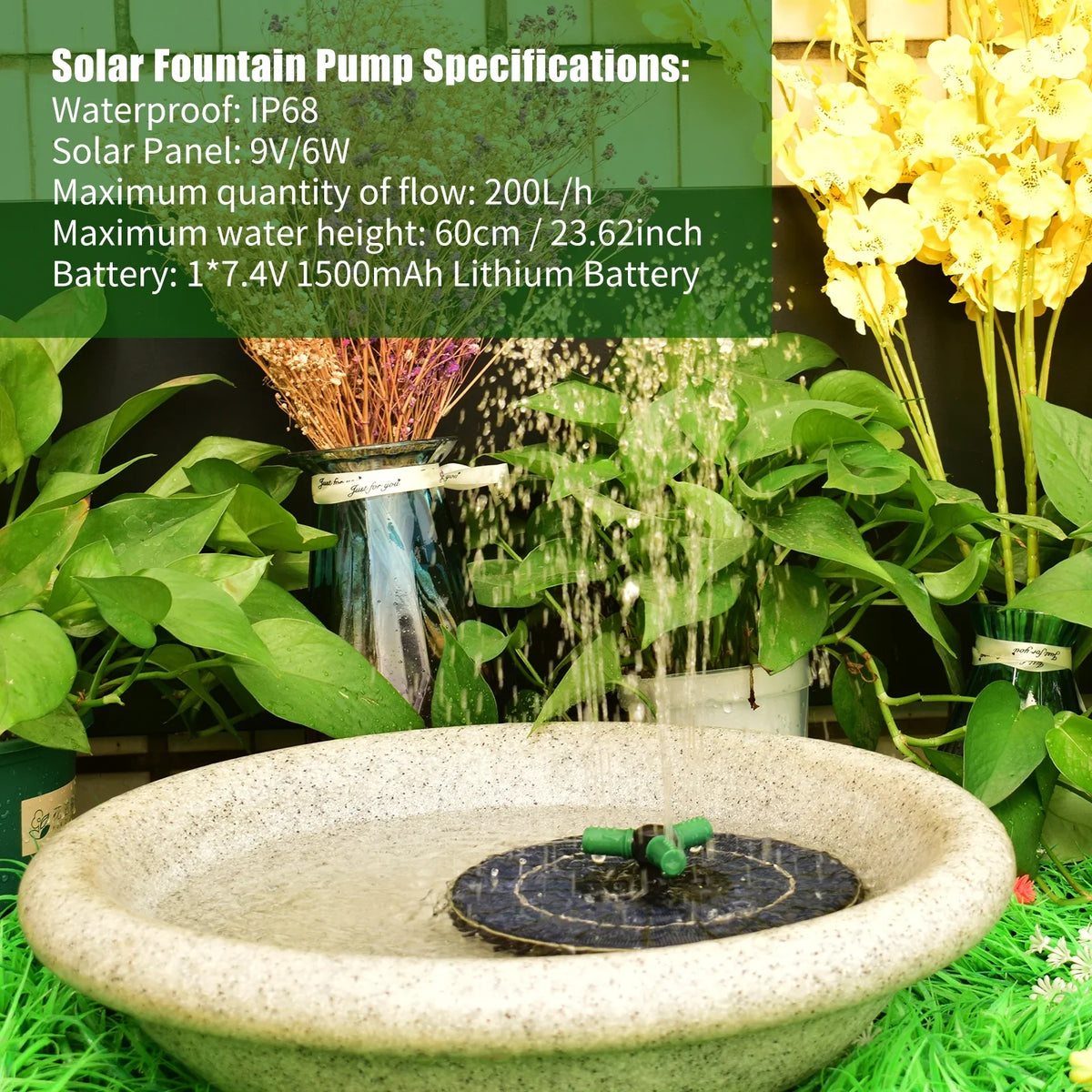 fountain,Led Solar aqua Pump With Battery Auto-shut Off With Battery Auto-shut Off 9 Inch 9 Inch Bath Nozzle Led Solar 6w Auto-shut Off 9 With Rotatable Nozzle Solar liquid Pump Yaliya Qisuo