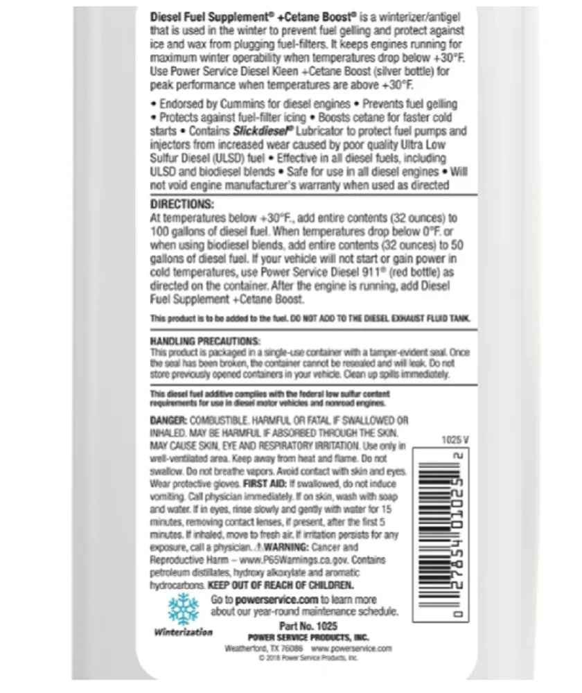 G5573246. POWER SERVICE PRODUCTS 1025 Diesel Fuel Supplement,Amber,32 oz