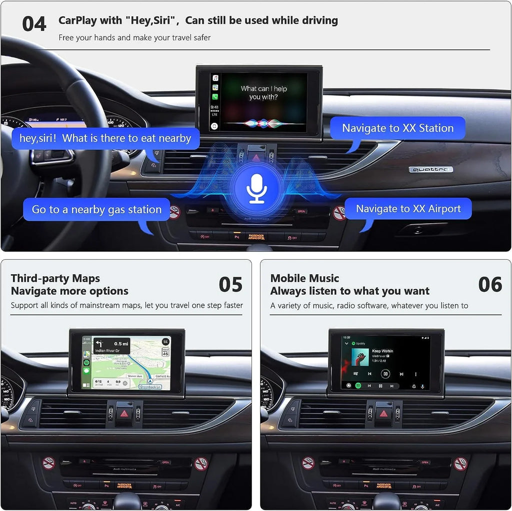 Road Top Wireless Carplay Retrofit Kit Decoder for Audi A6 2010-2016 Year with MMI 3G System, fit for Audi A7 2016-2018 Year with MIB2, Support Android Auto, Mirrorlink, Reverse Camera