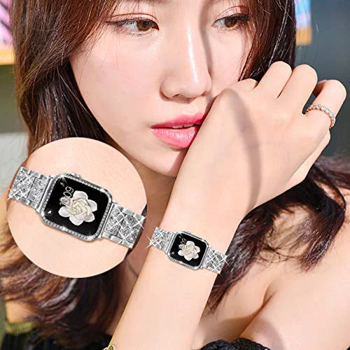 Mosonio suitable with  Watch Band 42mm with Case Women, Jewelry Replacement Metal Wristband Strap with 2 Pack Bling PC Protective shield for iWatch Series 3/2/1(Silver) Silver 42 mm