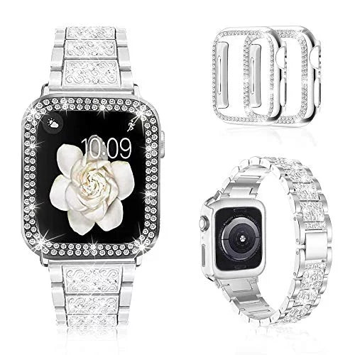 Mosonio suitable with  Watch Band 42mm with Case Women, Jewelry Replacement Metal Wristband Strap with 2 Pack Bling PC Protective shield for iWatch Series 3/2/1(Silver) Silver 42 mm