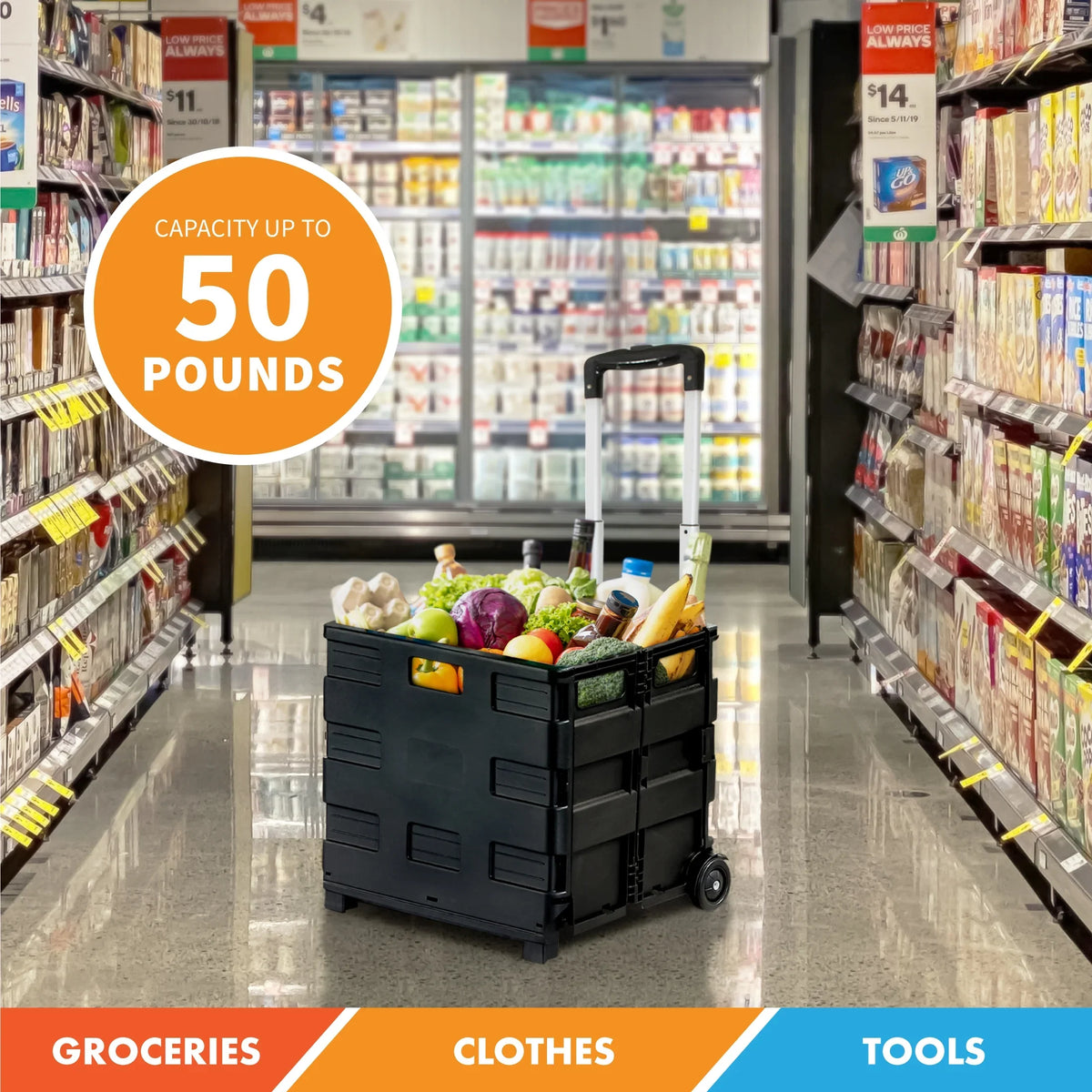 Ultra-Slim Rolling Collapsible Storage Pack-N-Roll Utility-carts, with Telescopic Handle, for Home, Garden, Shopping, Office, School use, Medium, Black