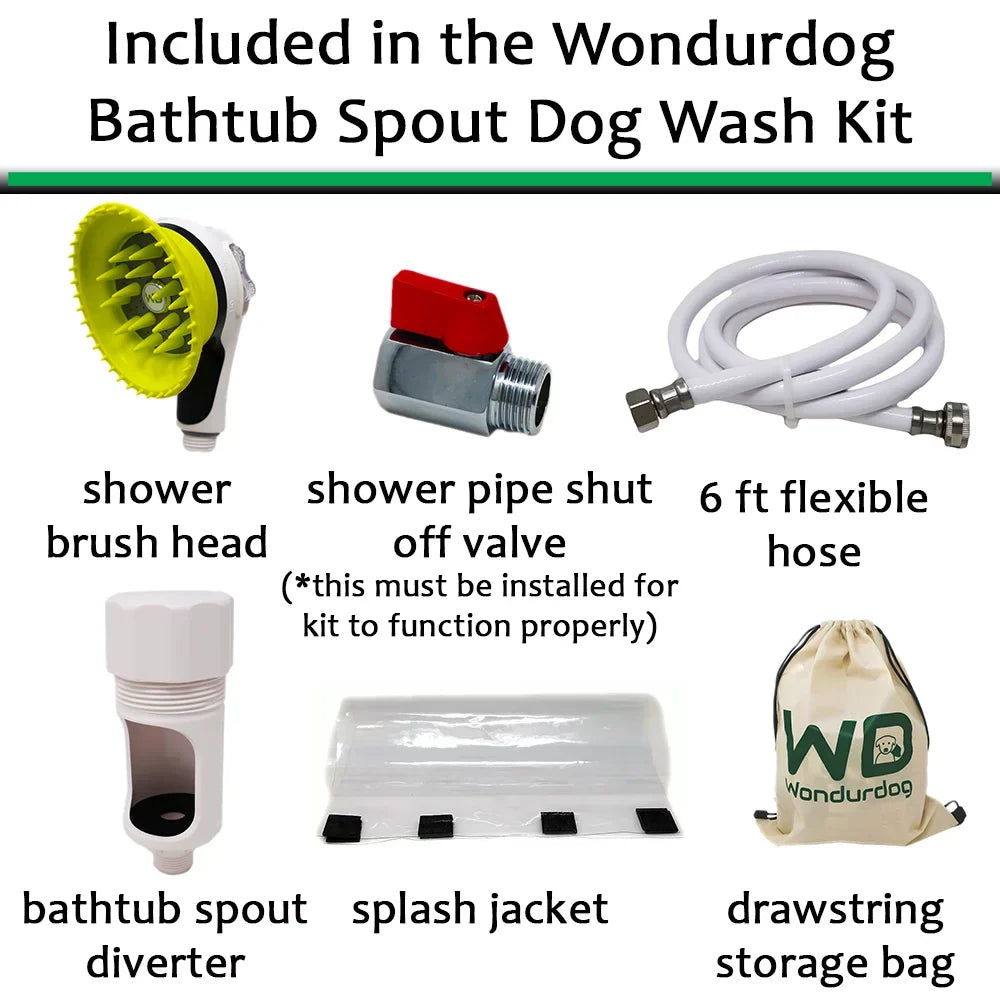 For Bathtub Spouts with Front Pullup Lever Only.. Wondurdog Bathtub Spout and Garden Hose Dog Wash Kit with Splash Shield and Rubber Scrubbing Teeth