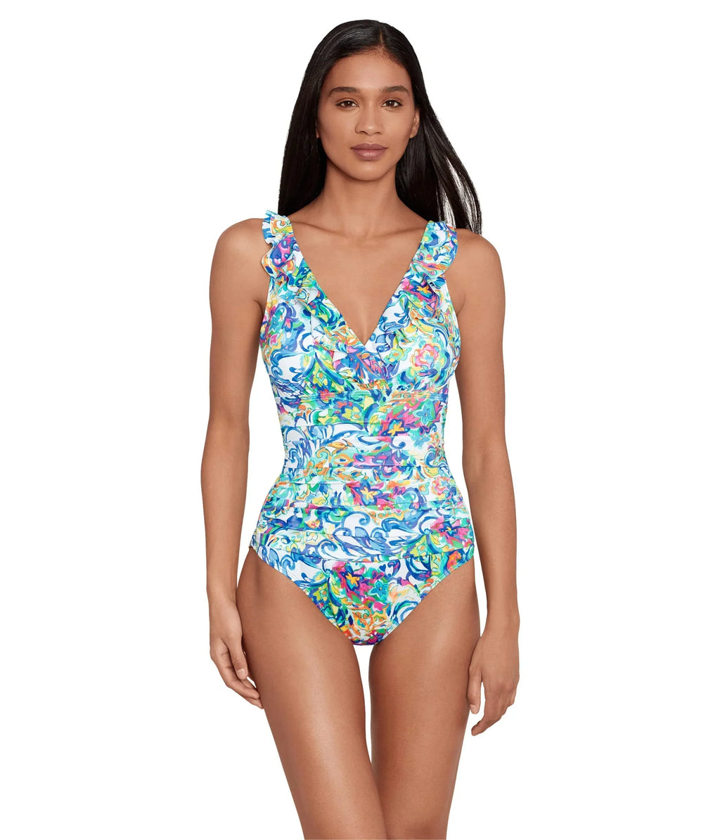LAUREN Ralph Lauren Watercolor Ruffle Surplice One-Piece Swimsuit Multi Size 8