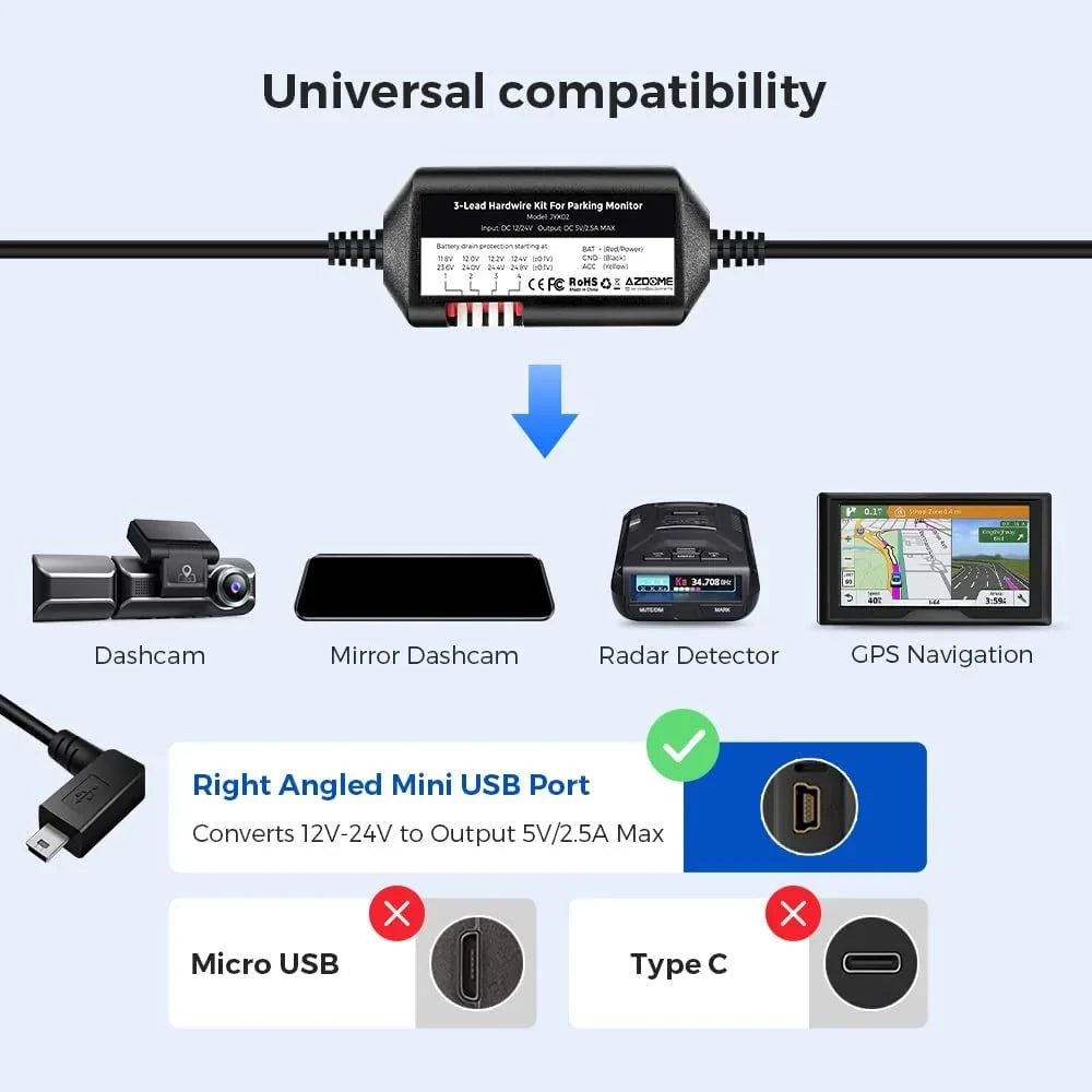 3-Lead Acc Hardwire Kit Mini-USB Port for M550 Dash Cam, 12ft with Fuse Kit, for Dash Camera 24H Parking Monitor