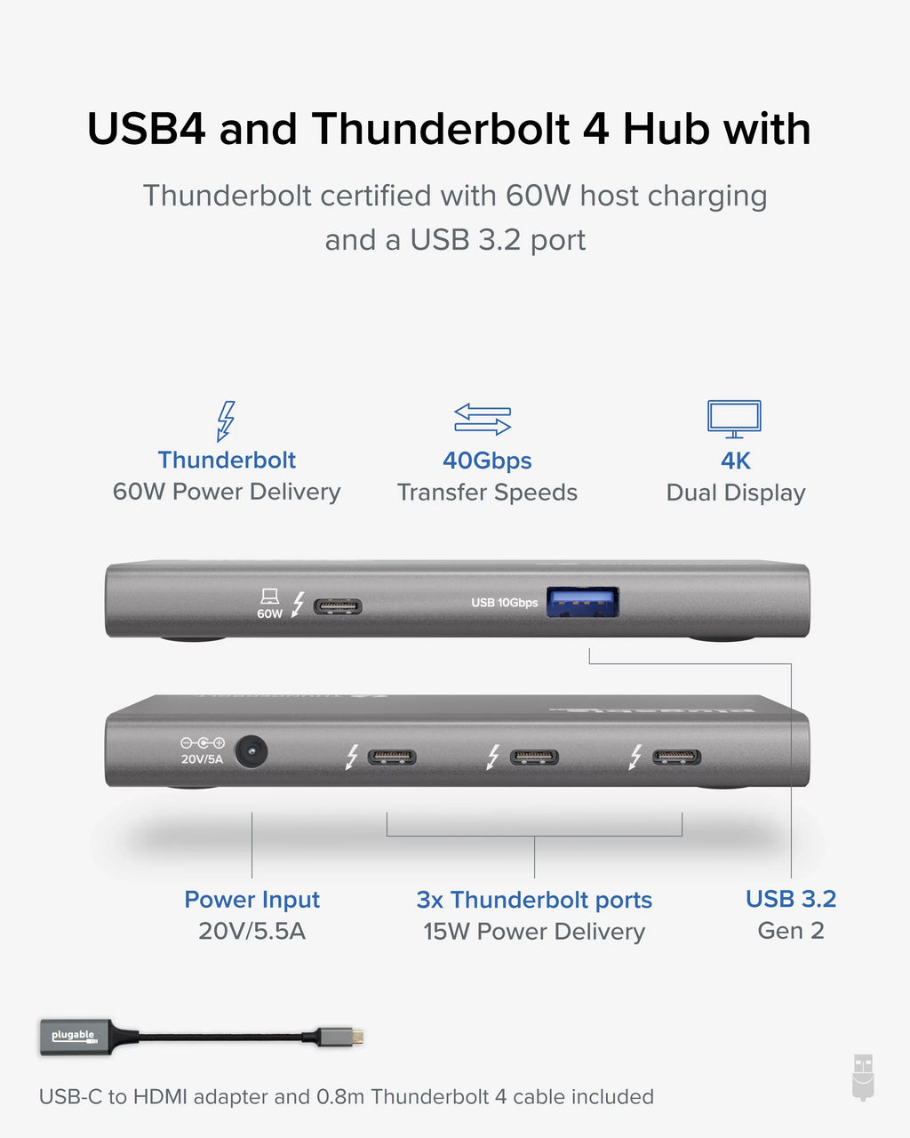 Plugable 5-in-1 Thunderbolt 4 Hub with 60W Charging, Single 8K or Dual 4K Display, appropriate with Thunderbolt USB4 Macs and Thunderbolt 4 / USB4 Windows (1x USB-C to HDMI Adapter)