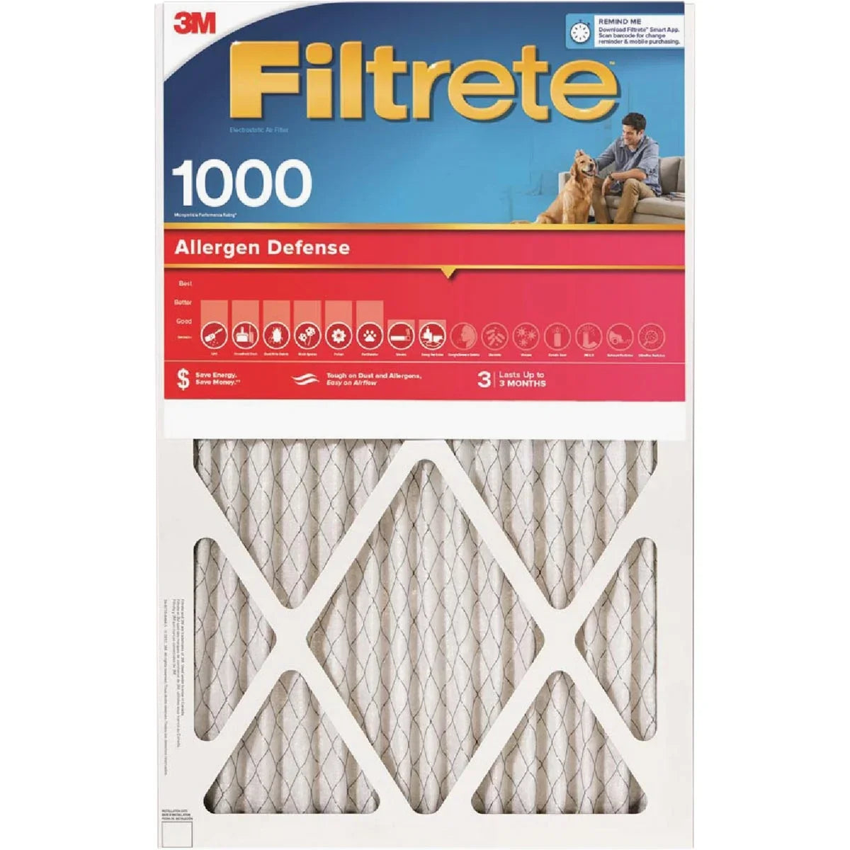 Allergen Defense 1000/1085 MPR Furnace Filter. x 1 In. x 20 In. 1 PK, Filtrete 12 In